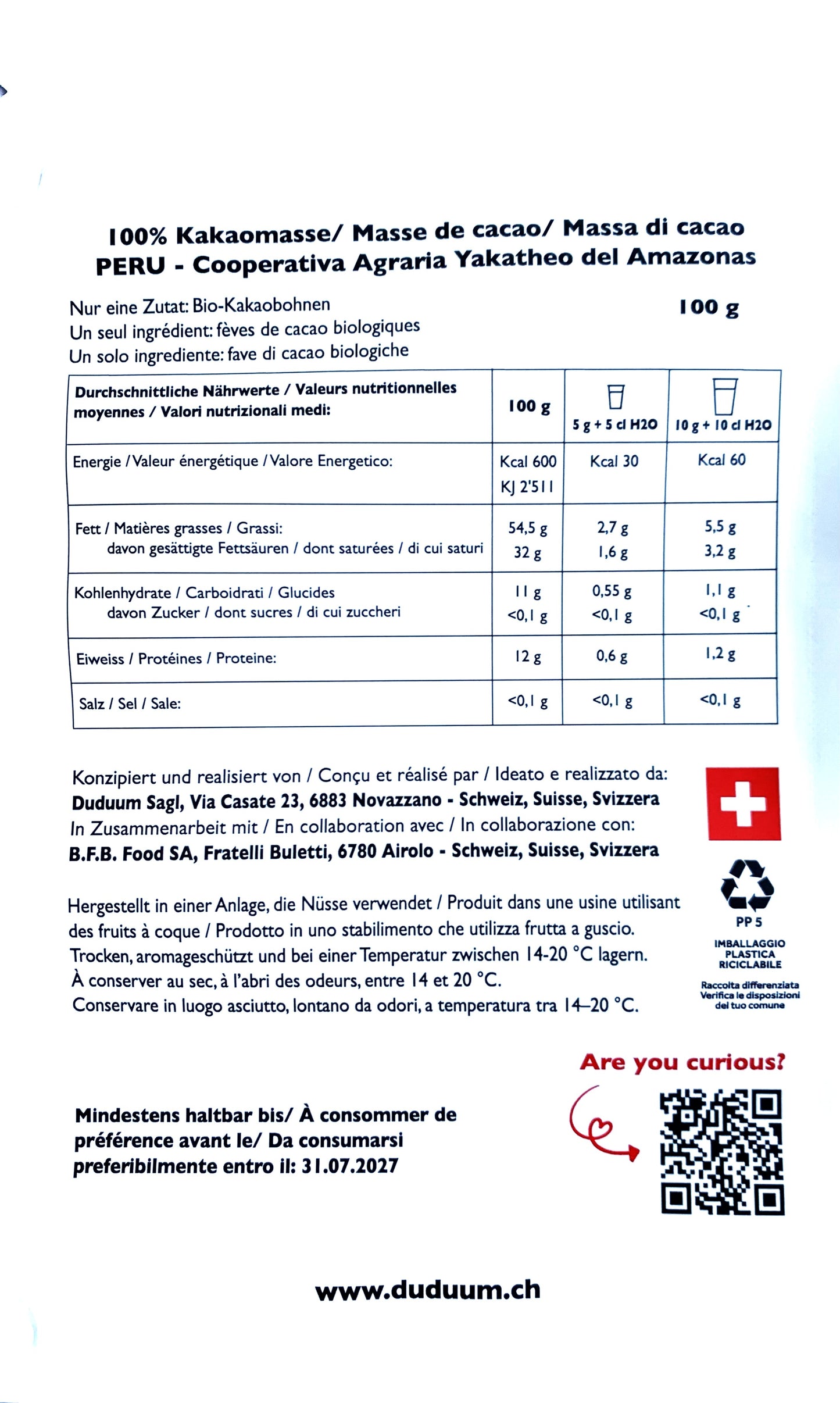 Massa di cacao DUDUUM - Perù